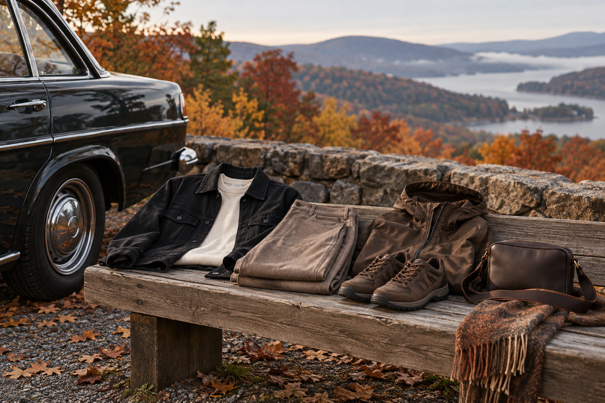 Autumn road trip outfit with a black overshirt, cream top, taupe trousers, walking shoes and a rain layer at a fall foliage overlook