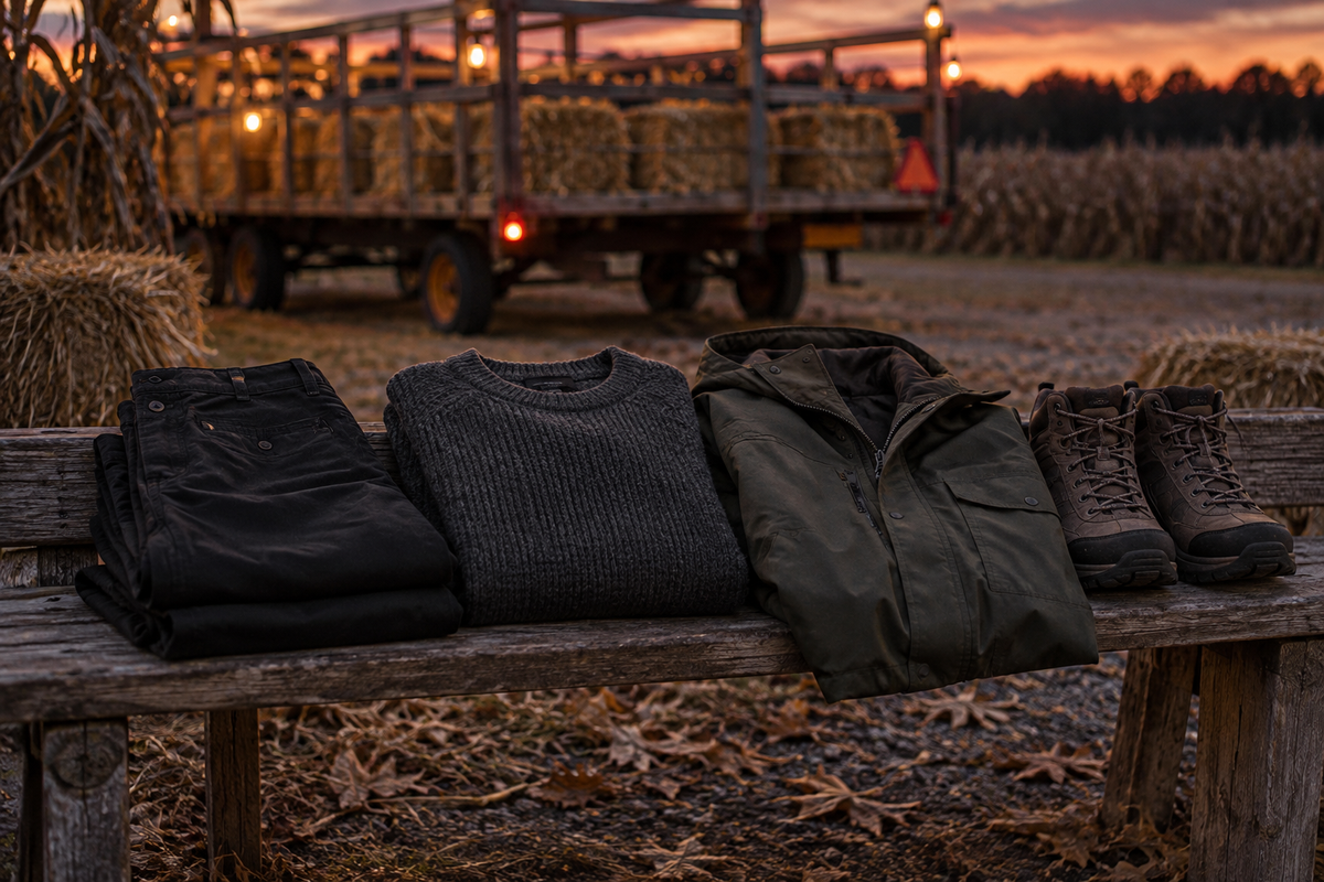 Warm layers and sturdy boots laid on a farm bench beside a hay wagon at dusk