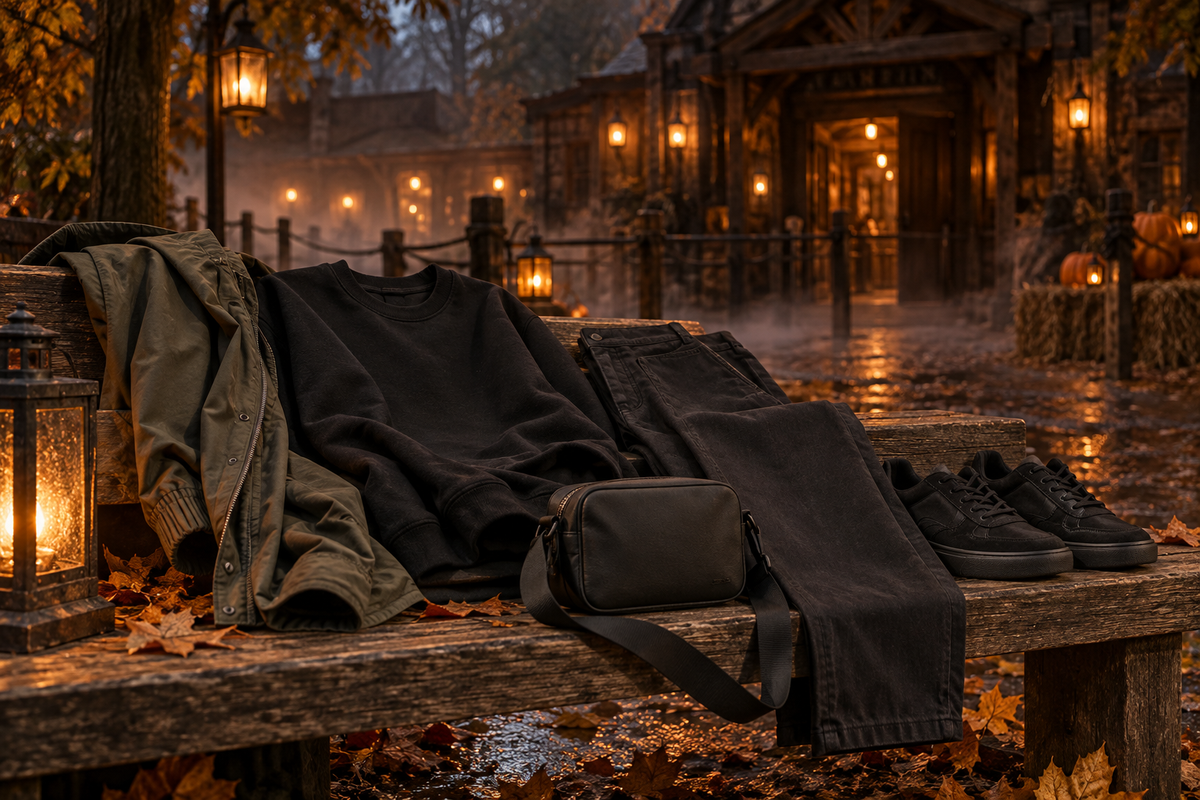 Dark layered outfit with comfortable sneakers outside a haunted attraction