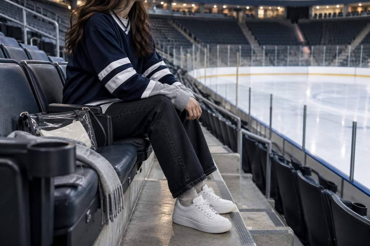 Spectator in a navy jersey layered over a grey sweatshirt at an ice hockey arena