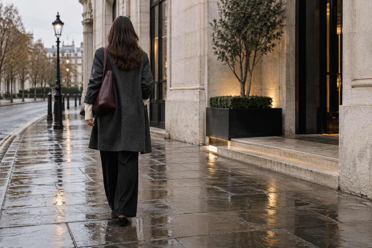 A fashion guest in charcoal tailoring walking through London after rain