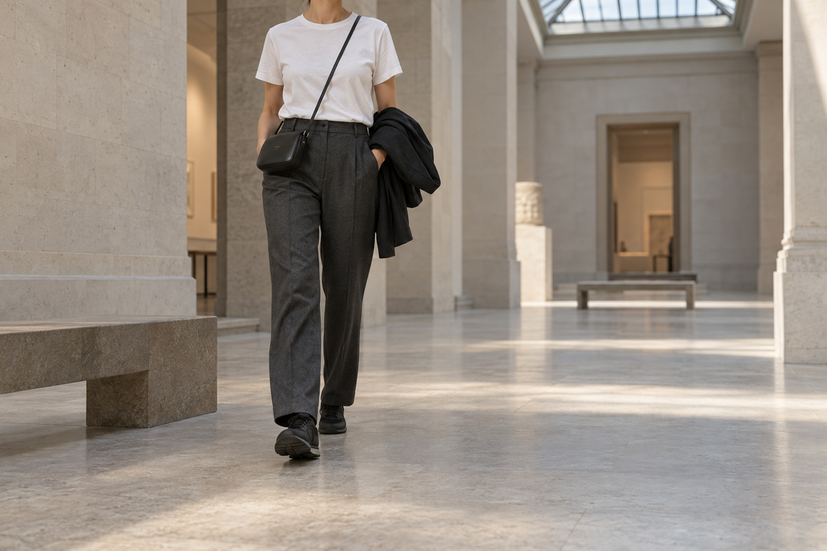 Museum visitor in a white T shirt, charcoal trousers and walking shoes carrying a light jacket