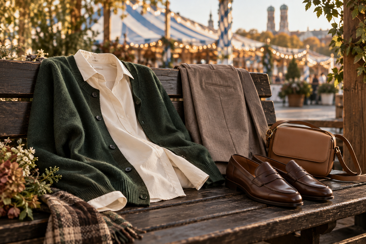 Refined autumn outfit with a cream shirt, green cardigan, taupe trousers, brown loafers and a compact bag for Oktoberfest