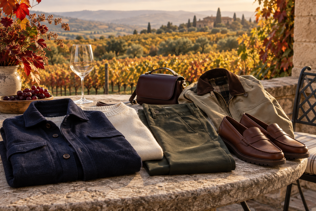 Layered fall outfit with practical shoes arranged on a vineyard terrace