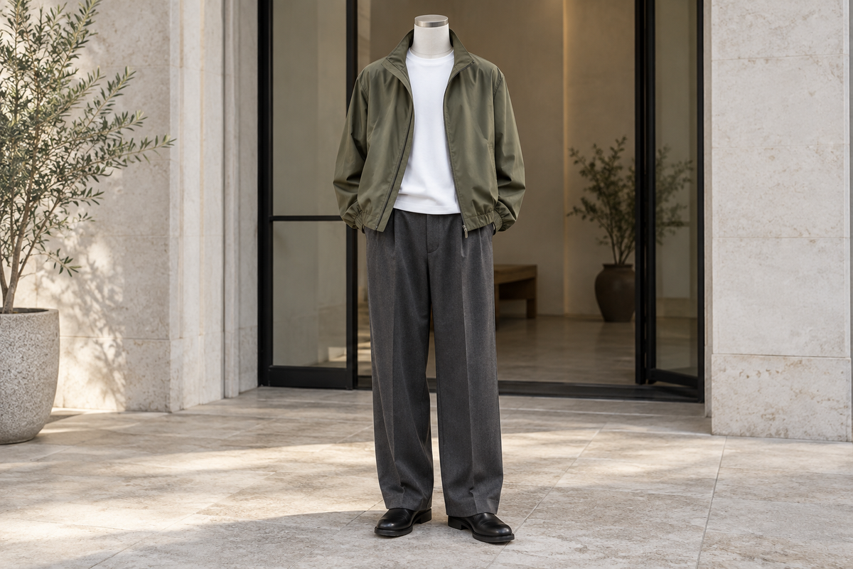 Olive windbreaker over a white T shirt and charcoal tailored trousers on a faceless mannequin