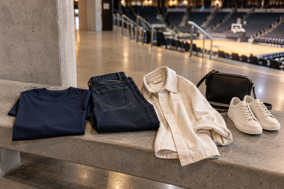Navy shirt, dark jeans, light overshirt, sneakers and a small bag arranged in an indoor basketball arena