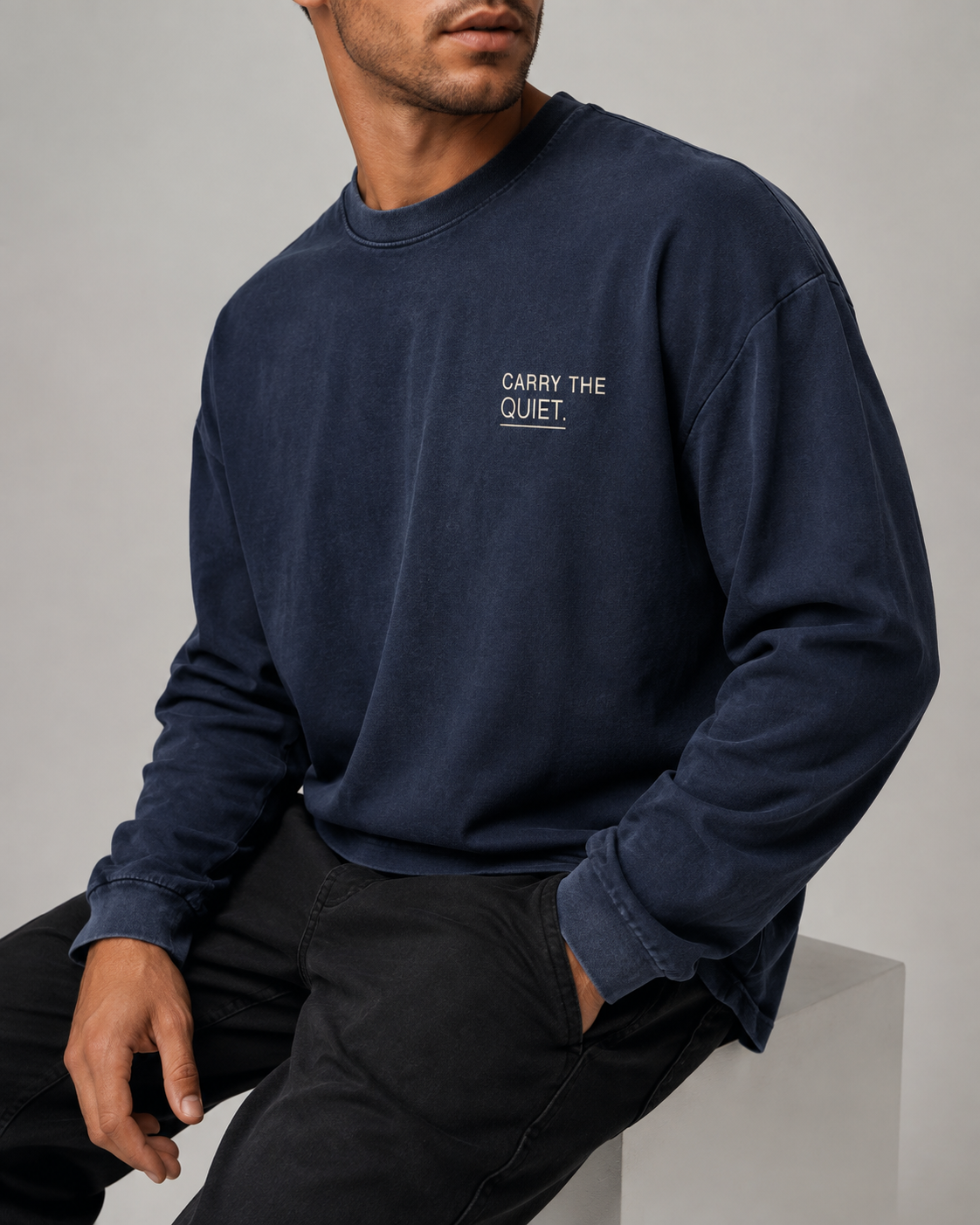 Quiet Sunfade Long Sleeve T-Shirt in Navy Blue
