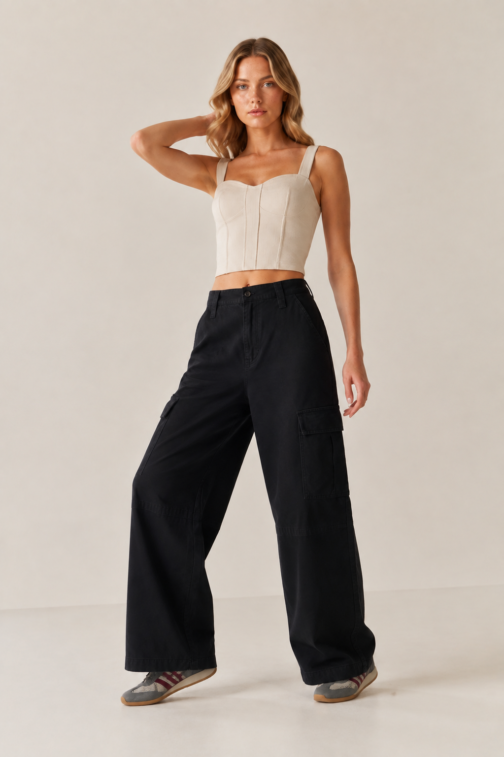 Women’s TELLS Washed Wide-Leg Black Cargo Pants