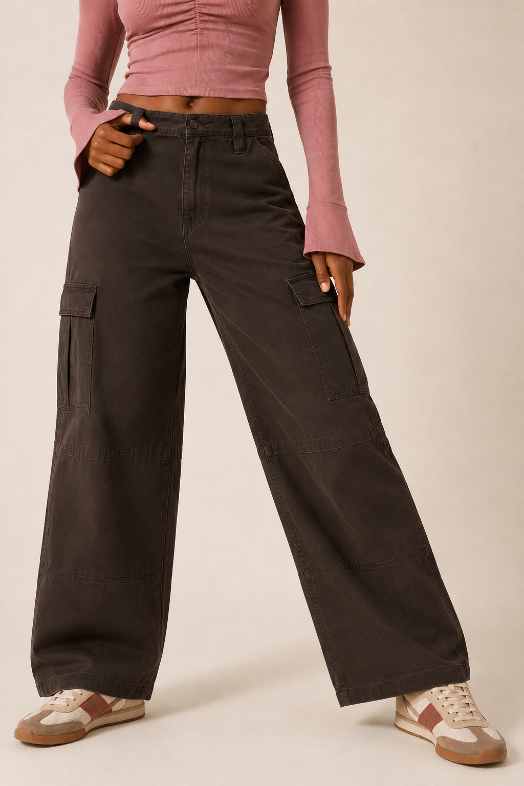 Women’s TELLS Washed Wide-Leg Coffee Cargo Pants