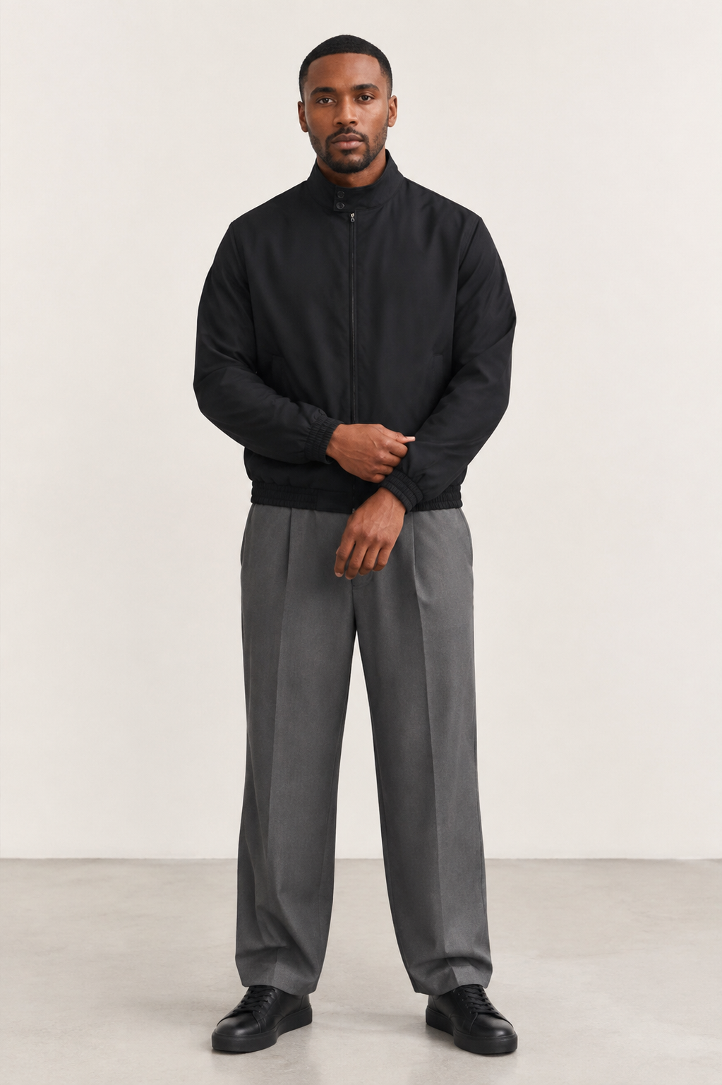 Men Stand Collar Bomber Black Jacket