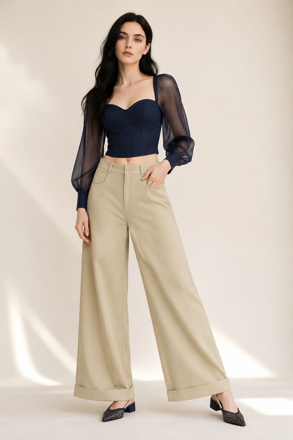 Women’s TELLS Tencel Wide-Leg Khaki Trousers