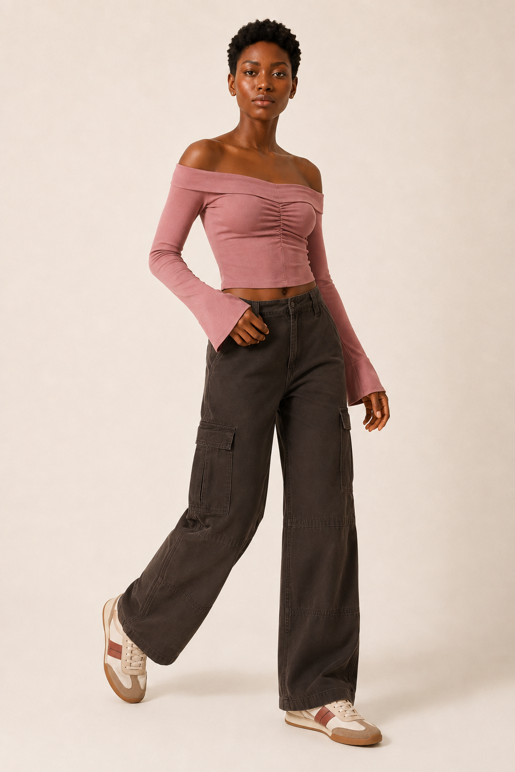 Women’s TELLS Washed Wide-Leg Coffee Cargo Pants