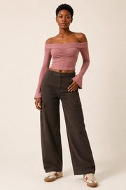 Women’s TELLS Washed Wide-Leg Coffee Cargo Pants