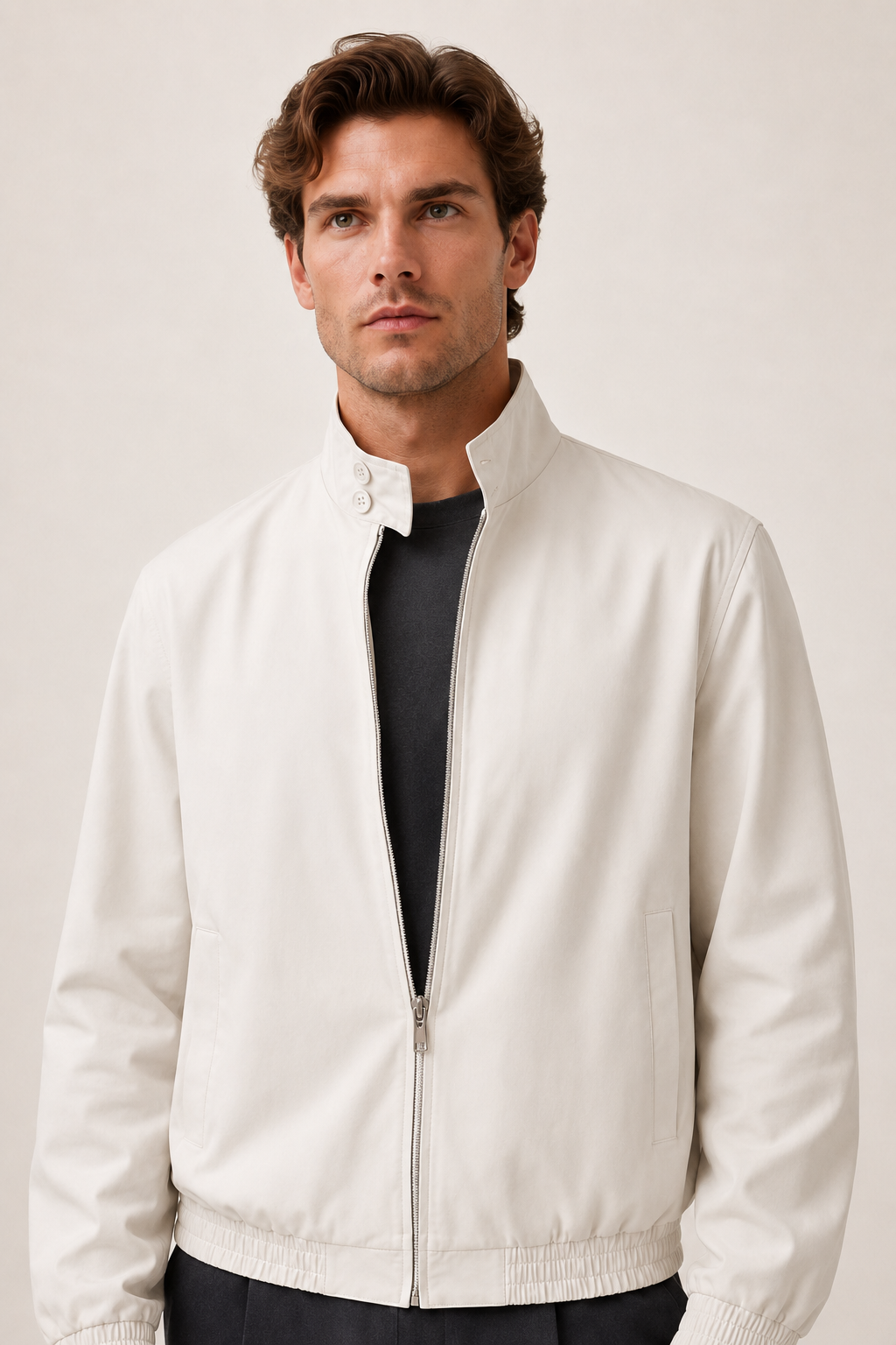 Men Stand Collar Bomber Beige Jacket