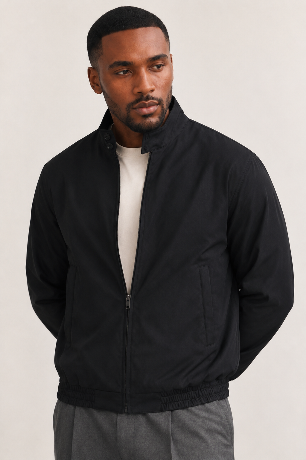 Men Stand Collar Bomber Black Jacket