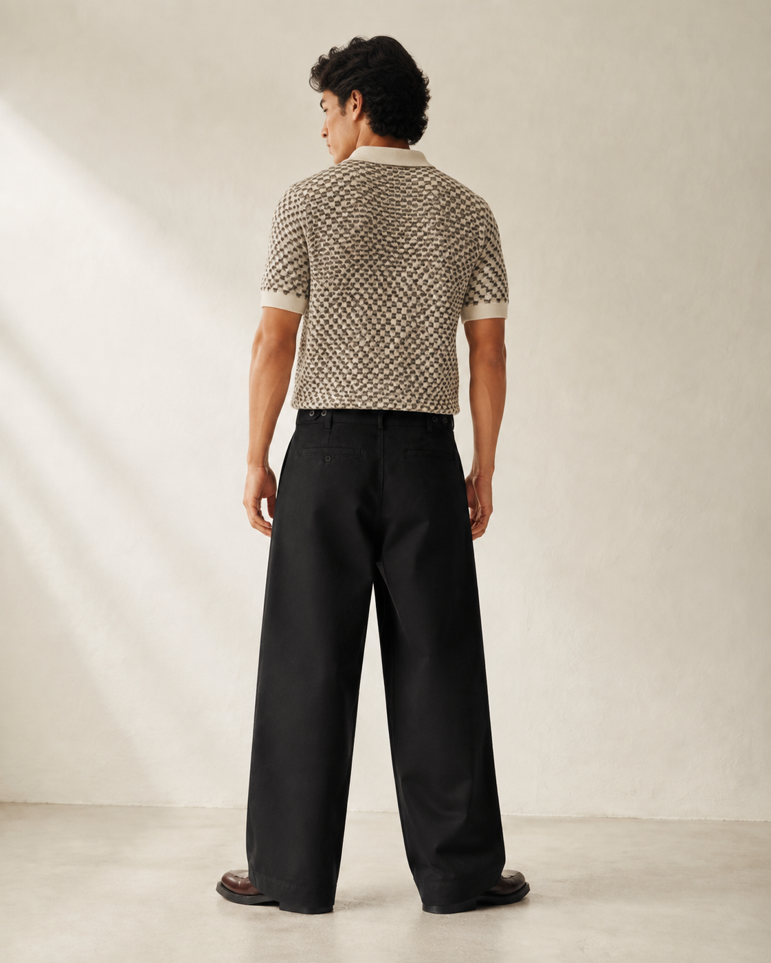 TELLS Adjustable Waist Wide-Leg Black Trousers