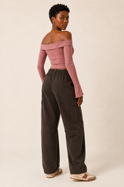 Women’s TELLS Washed Wide-Leg Coffee Cargo Pants