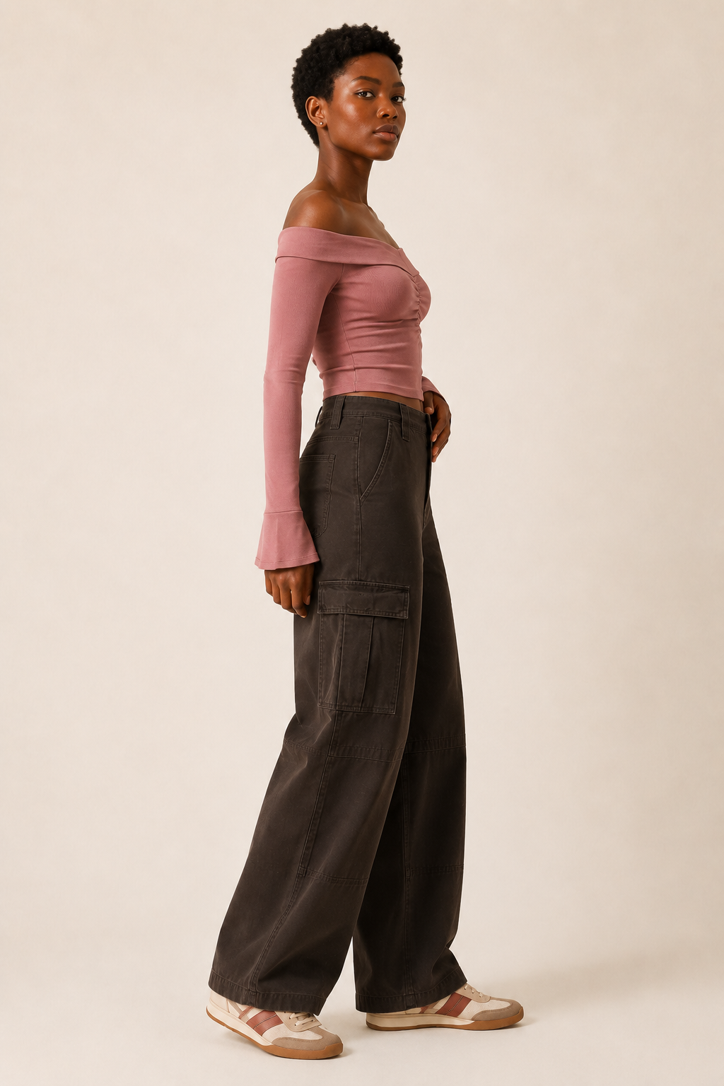 Women’s TELLS Washed Wide-Leg Coffee Cargo Pants