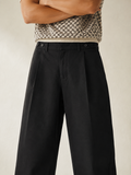 TELLS Adjustable Waist Wide-Leg Black Trousers