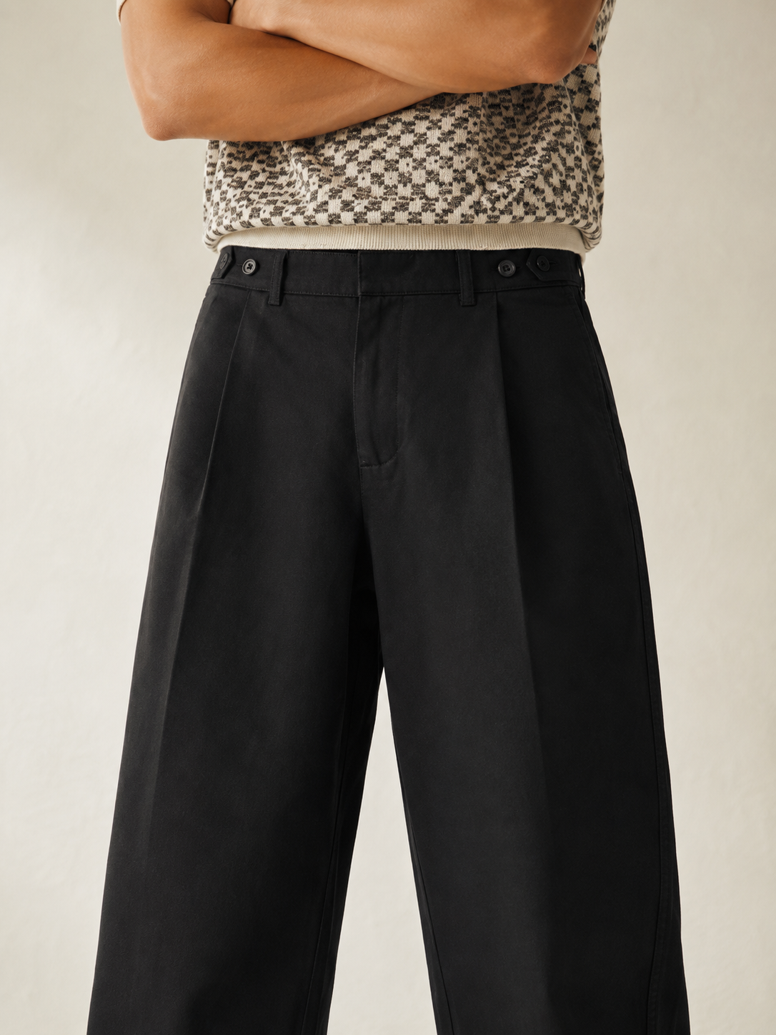 TELLS Adjustable Waist Wide-Leg Black Trousers