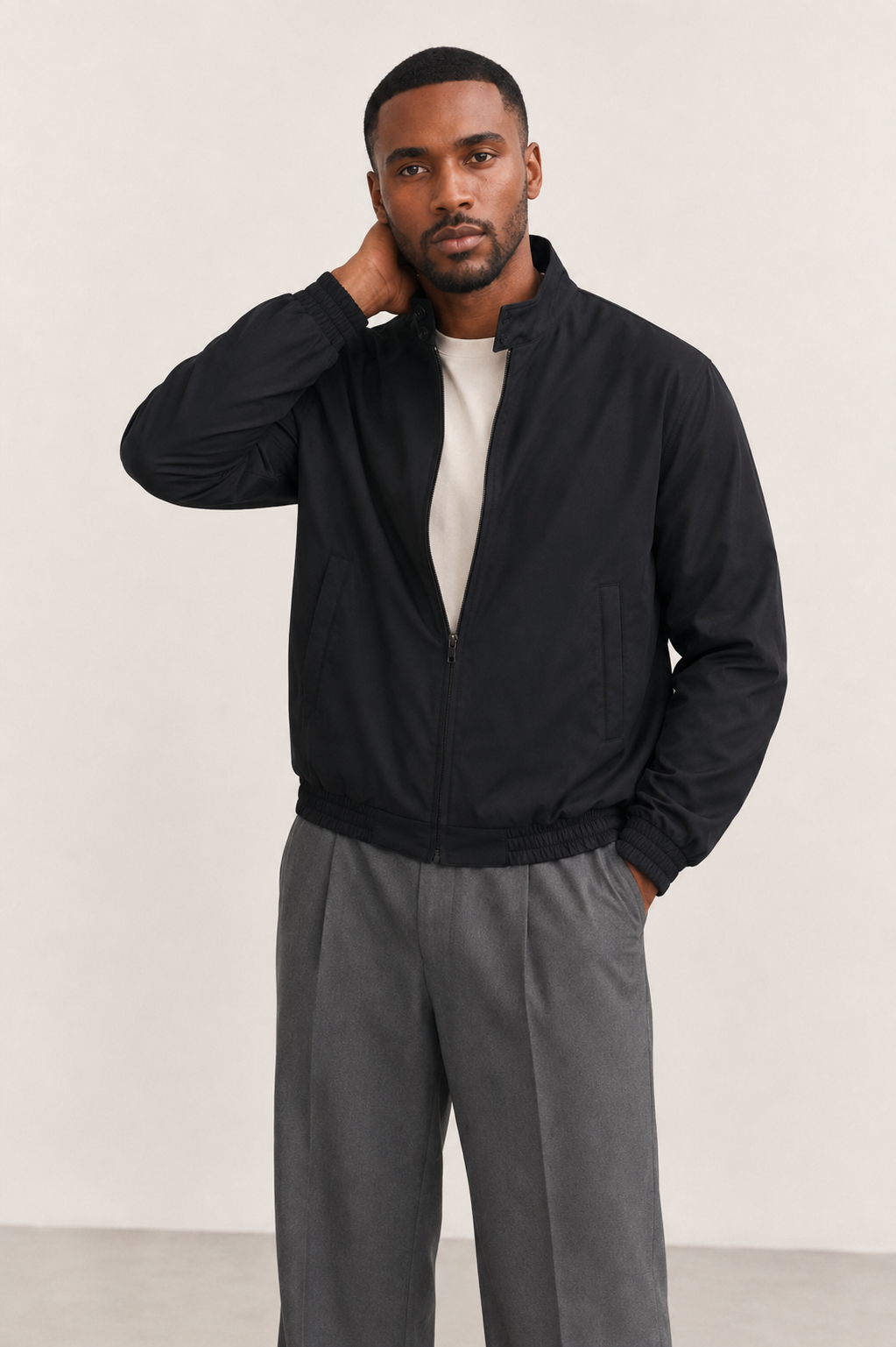 Men Stand Collar Bomber Black Jacket