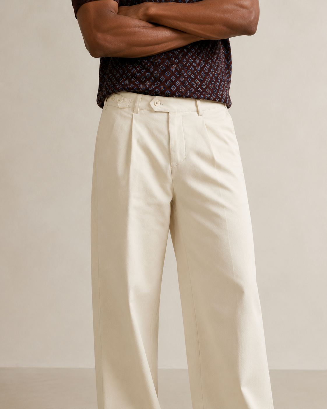 TELLS Adjustable Waist Wide-Leg Beige Trousers