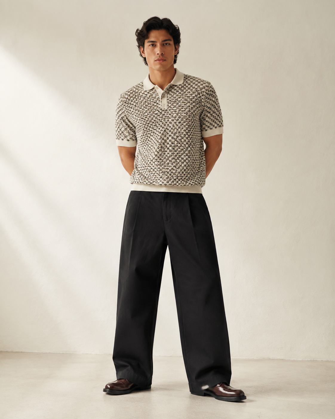 TELLS Adjustable Waist Wide-Leg Black Trousers