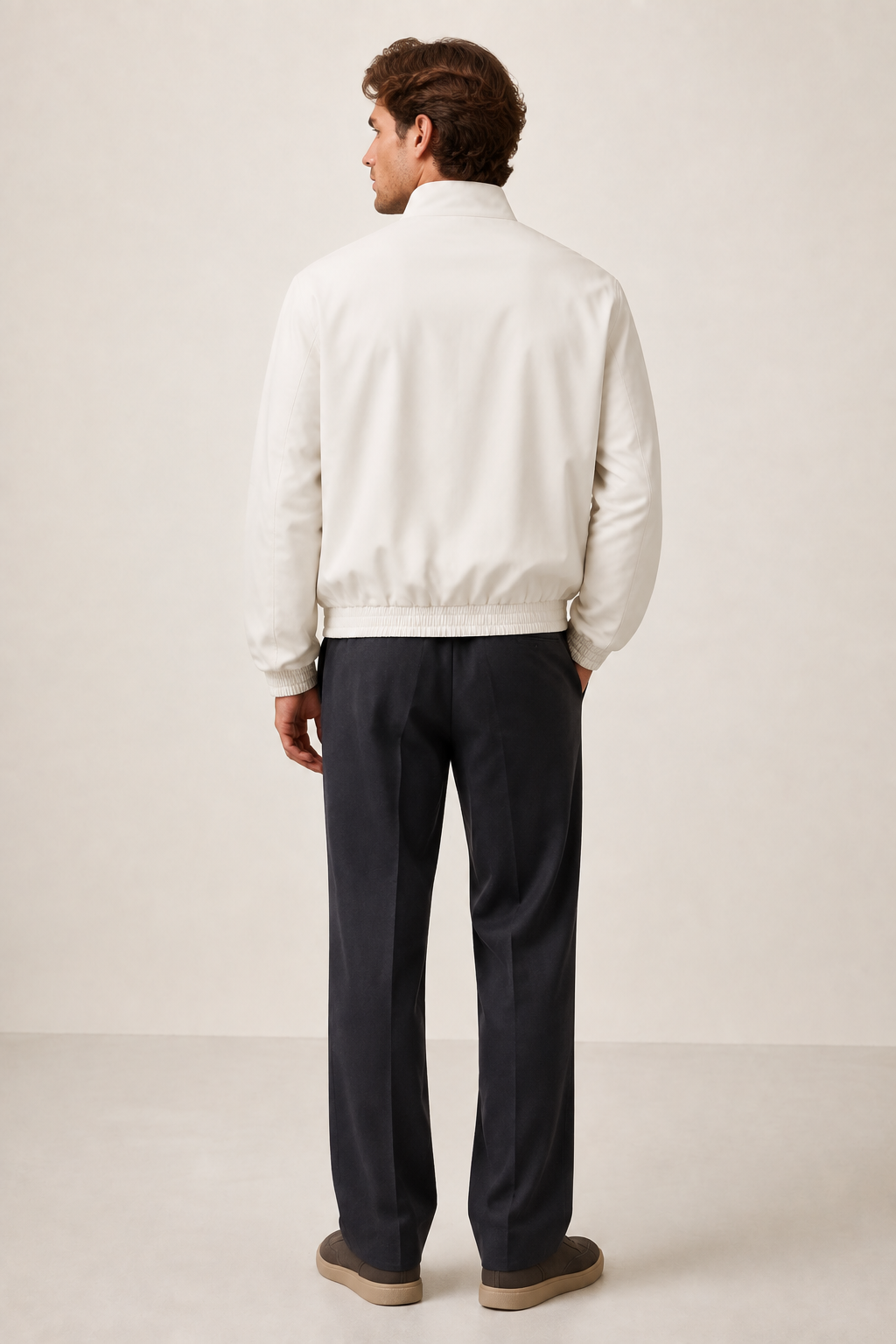 Men Stand Collar Bomber Beige Jacket