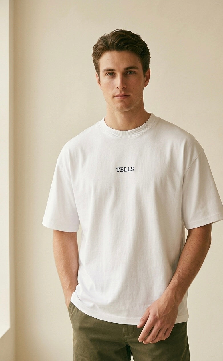 TELLS Embroidered Oversized White T-Shirt