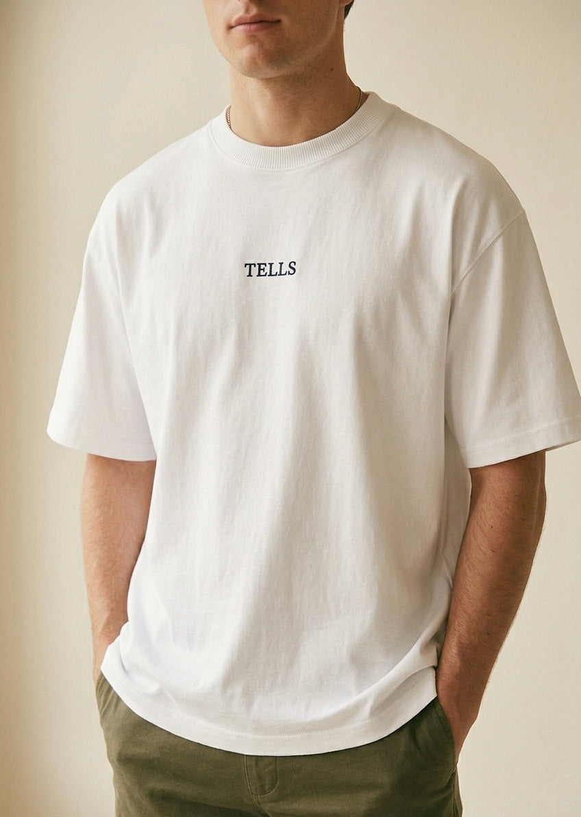 TELLS Embroidered Oversized White T-Shirt