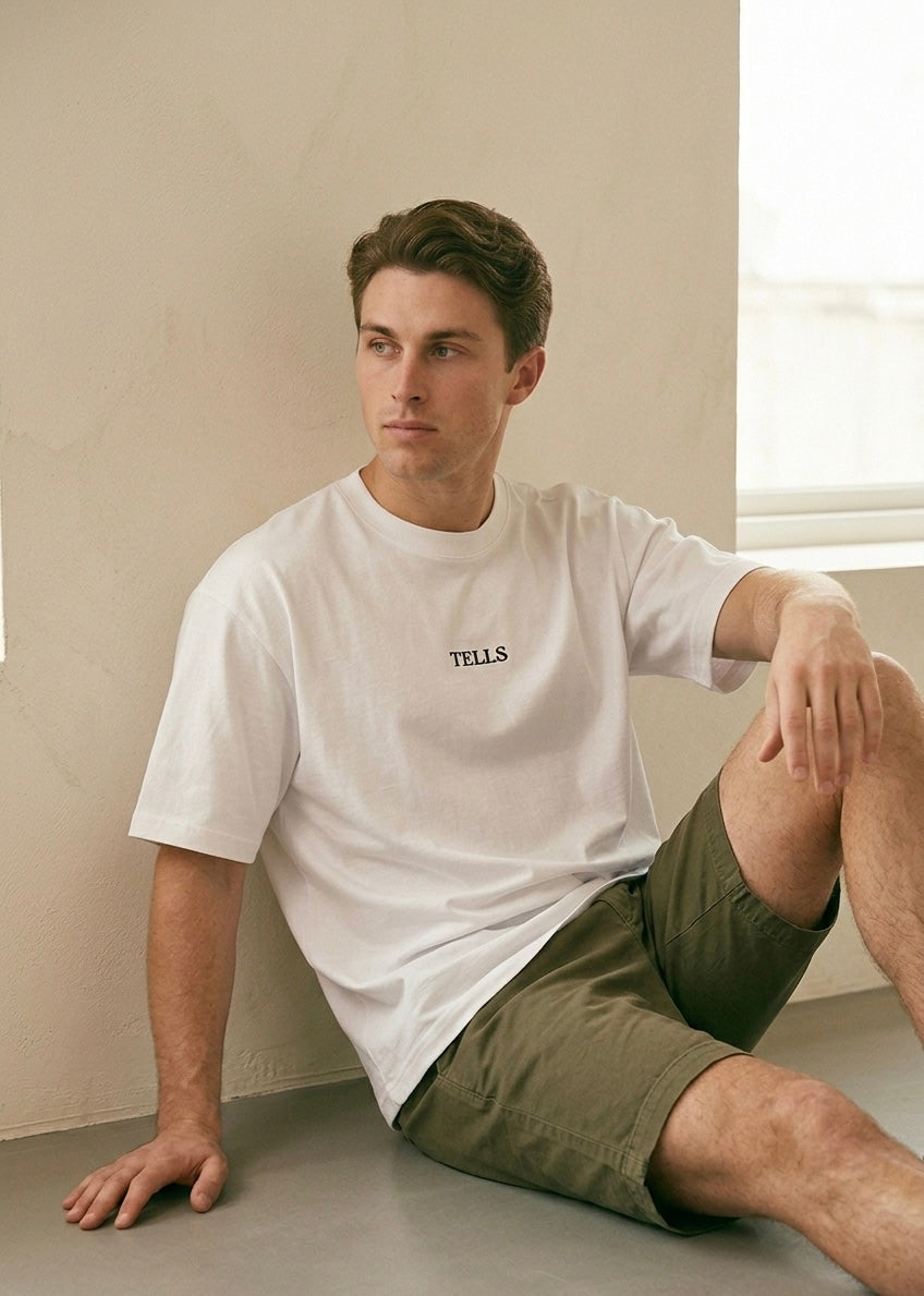 TELLS Embroidered Oversized White T-Shirt
