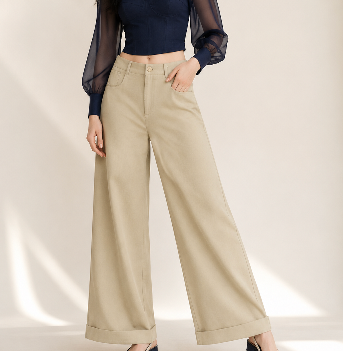 Fluid Wide-Leg Trousers in Khaki