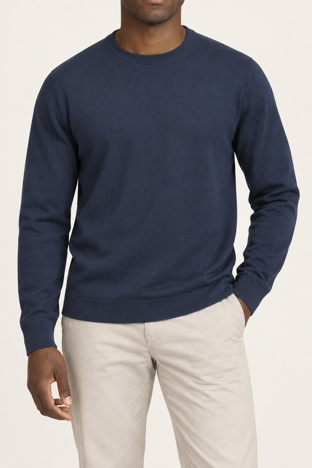Front studio view of Still Hours Crewneck Sweater in Navy, showing the plain front and crew neckline.