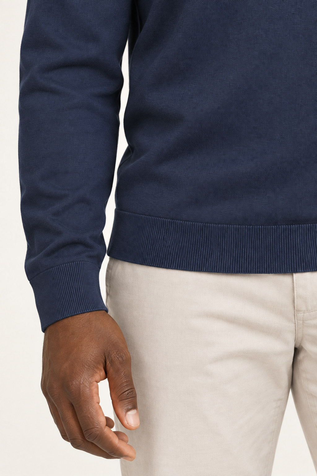 Cuff and hem close-up of Still Hours Crewneck Sweater in Navy, showing the fine Navy knit texture and ribbed edges.