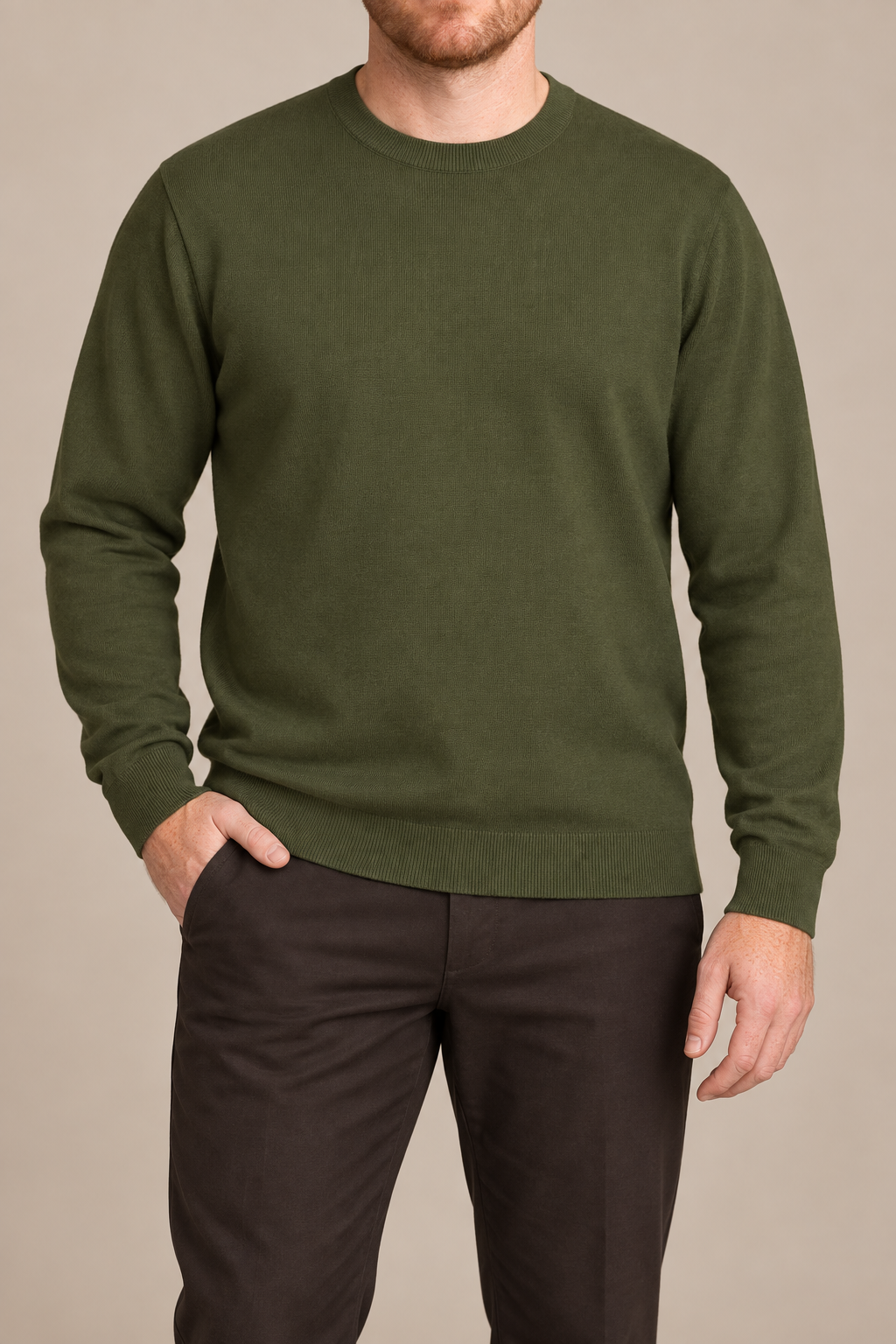 Front studio view of Still Hours Crewneck Sweater in Olive, showing the plain front and crew neckline.