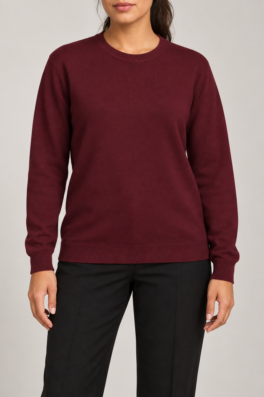 Front studio view of Quiet Form Crewneck Sweater in Burgundy, showing the plain knit and classic fit.