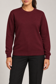 Front studio view of Quiet Form Crewneck Sweater in Burgundy, showing the plain knit and classic fit.