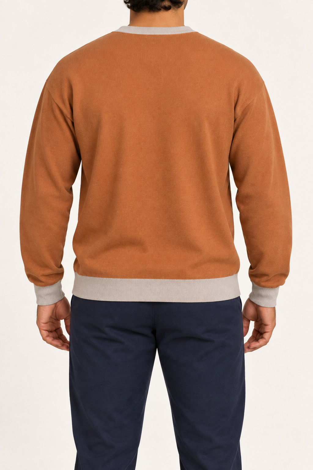 Slow Days Relaxed Crewneck in Rust with Coco Trim. Rear view showing the plain Rust back and Coco contrast trim.