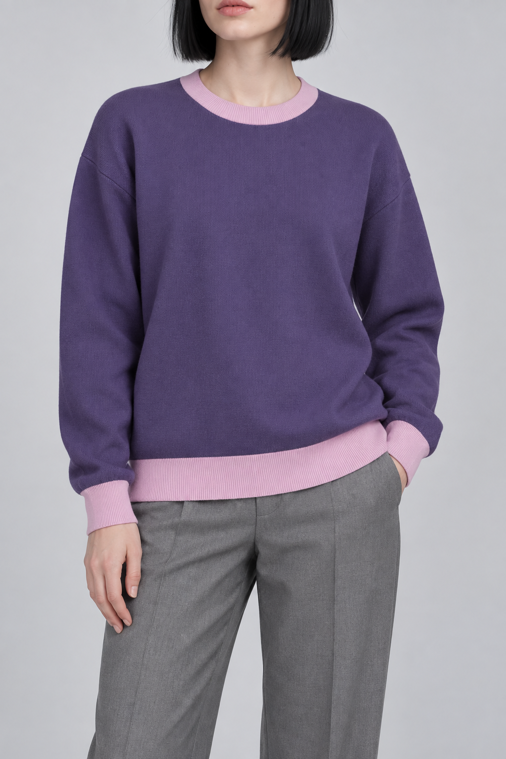 Soft Pause Relaxed Crewneck in Violet with Lilac Trim