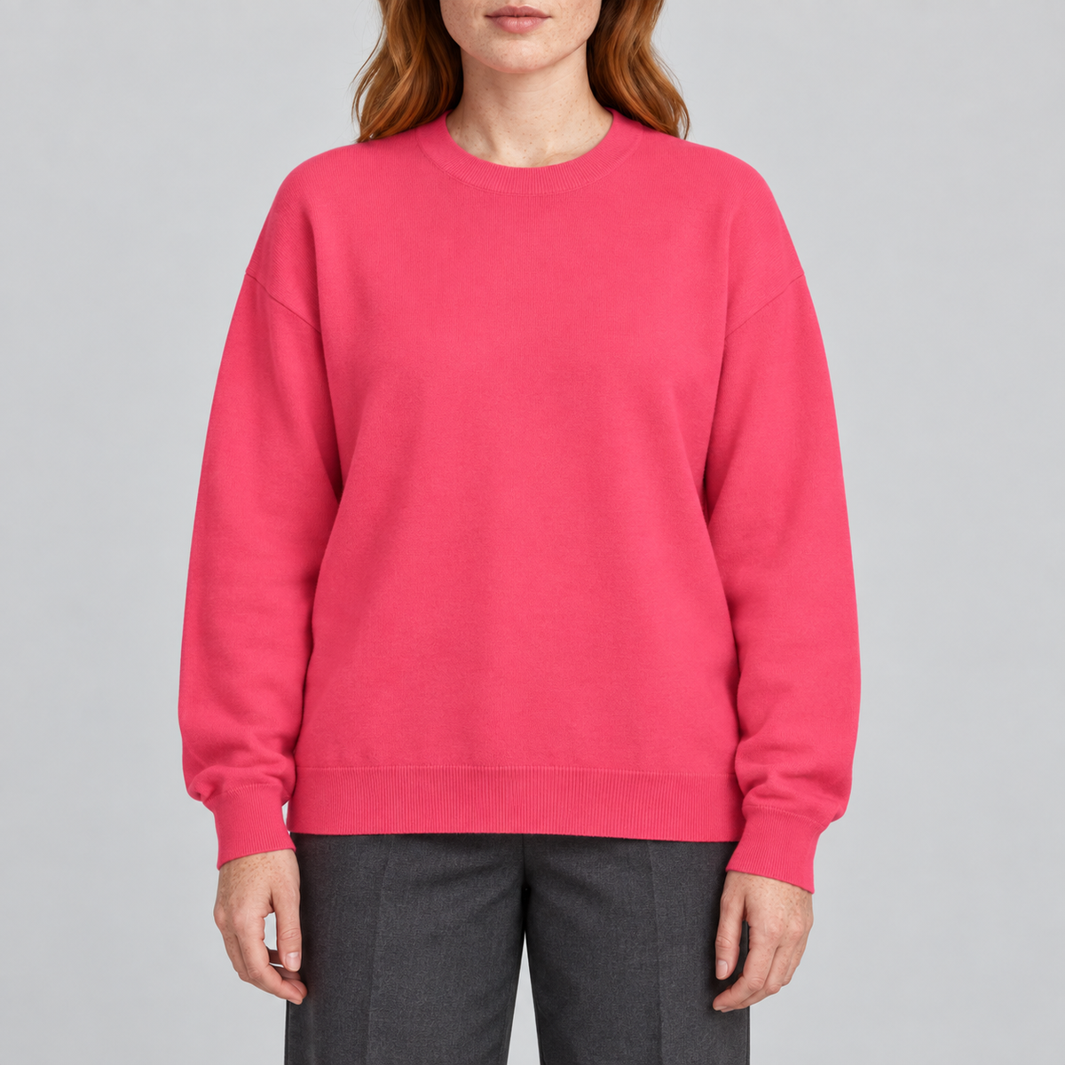 Soft Pause Relaxed Crewneck in Hot Pink. Front view showing the plain Hot Pink knit and relaxed crew neckline.