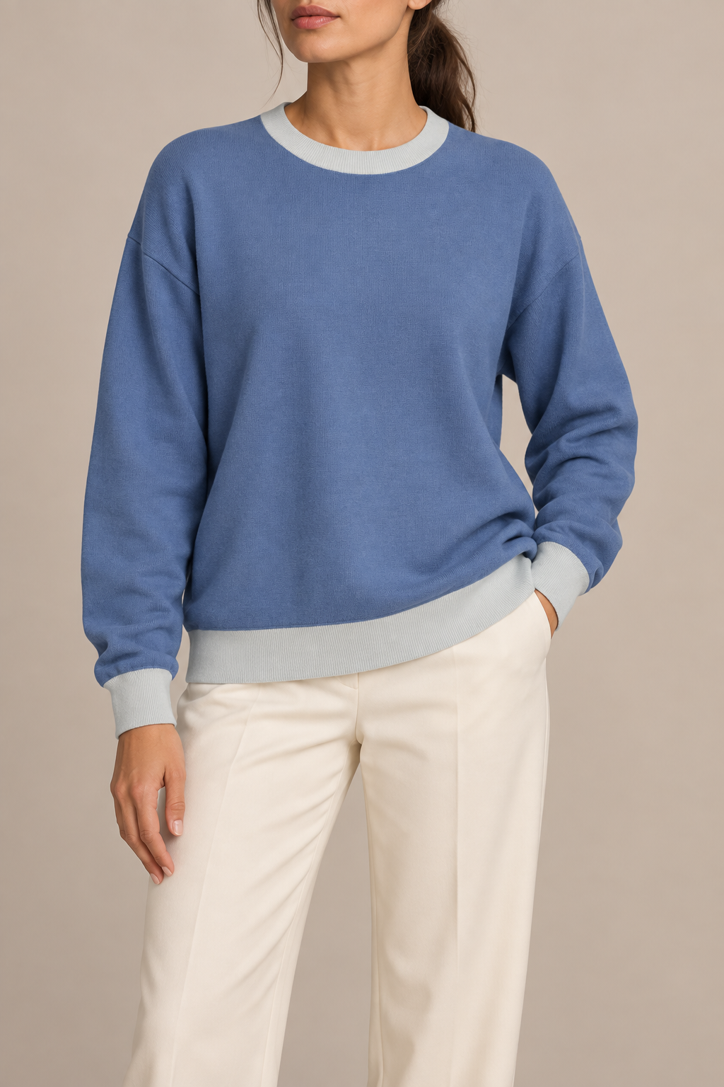 Soft Pause Relaxed Crewneck in Denim with Powder Trim