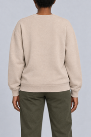 Soft Pause Relaxed Crewneck in Taupe. Rear view showing the plain Taupe back and matching ribbed hem.