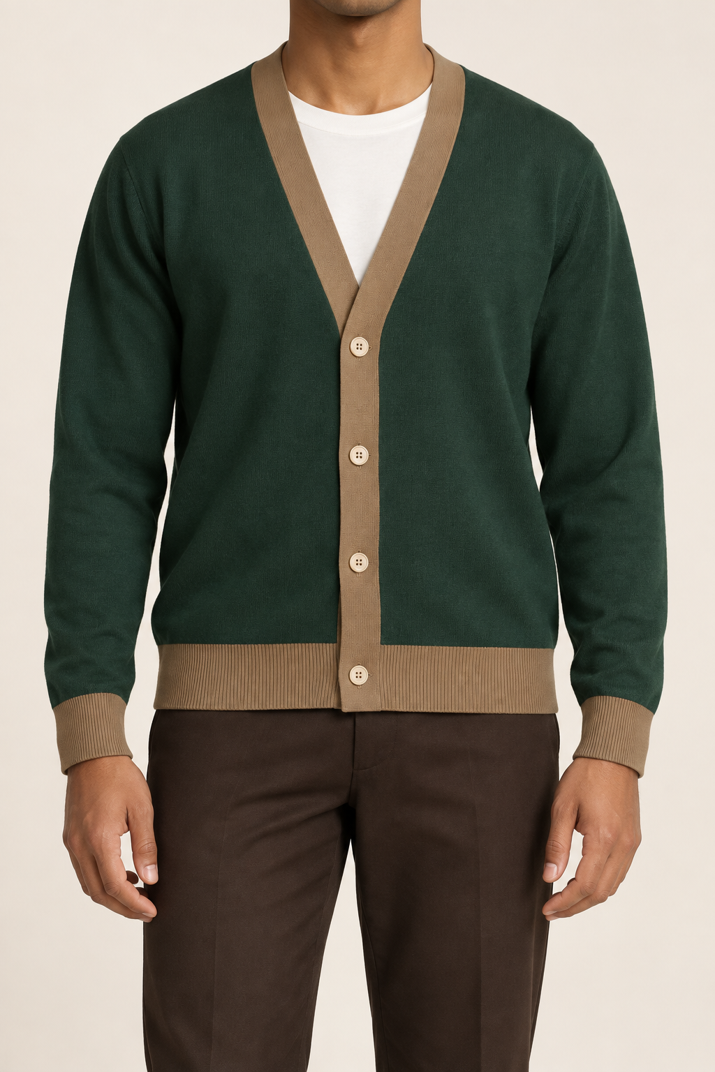 After Hours Cardigan in Pine with Peanut Trim. Front studio view showing the V-neck and four-button contrast front.