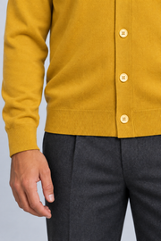 After Hours Cardigan in Mustard. Close-up showing the buttons, ribbed hem and cuff.
