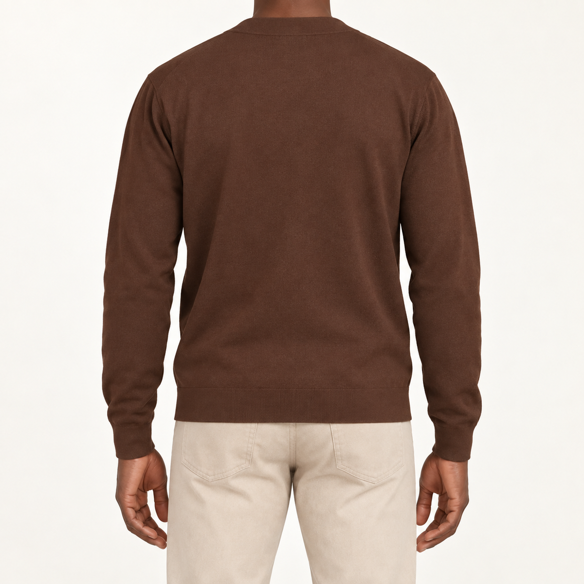 After Hours Cardigan in Soil. Rear studio view showing the plain back and matching ribbed edges.