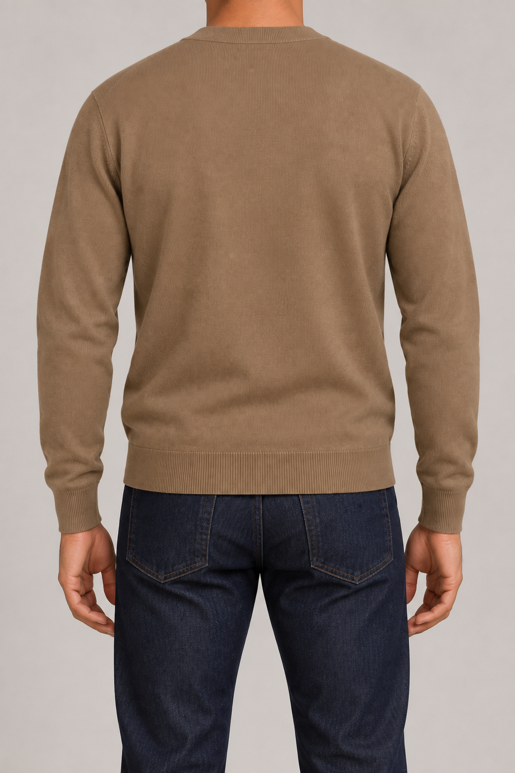 After Hours Cardigan in Peanut. Rear studio view showing the plain back and matching ribbed edges.