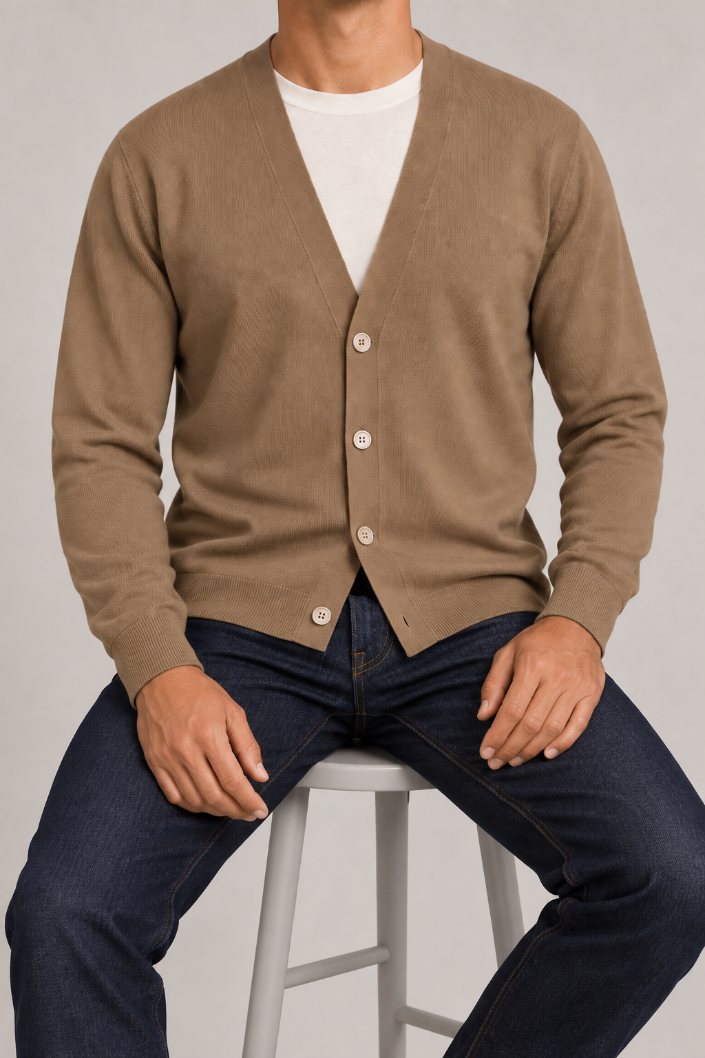 After Hours Cardigan in Peanut. Seated studio view showing the long sleeves and natural knit drape.