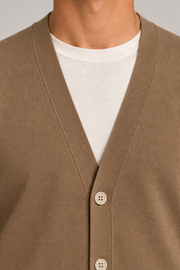 After Hours Cardigan in Peanut. Close-up showing the V-neck trim, fine knit and buttons.