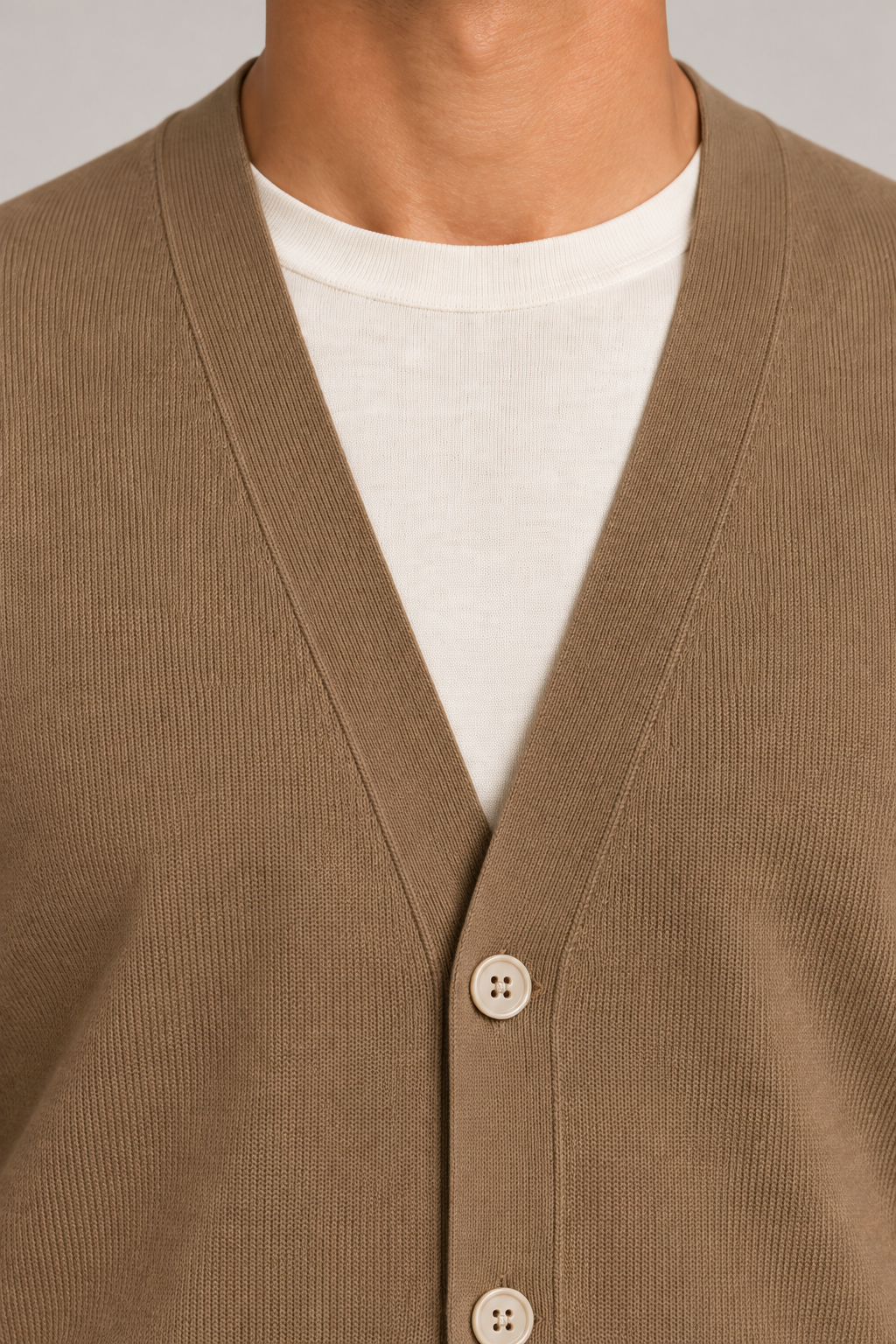 After Hours Cardigan in Peanut. Close-up showing the V-neck trim, fine knit and buttons.