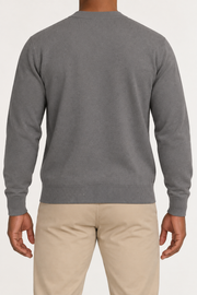 After Hours Cardigan in Dk Grey. Rear studio view showing the plain back and matching ribbed edges.